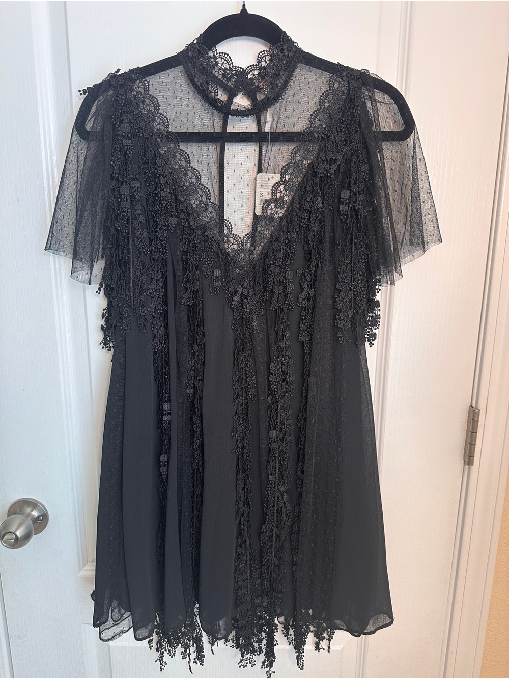 Free People Pirouette Black Lace Sheer mesh hobo Mini Dress NWT S
